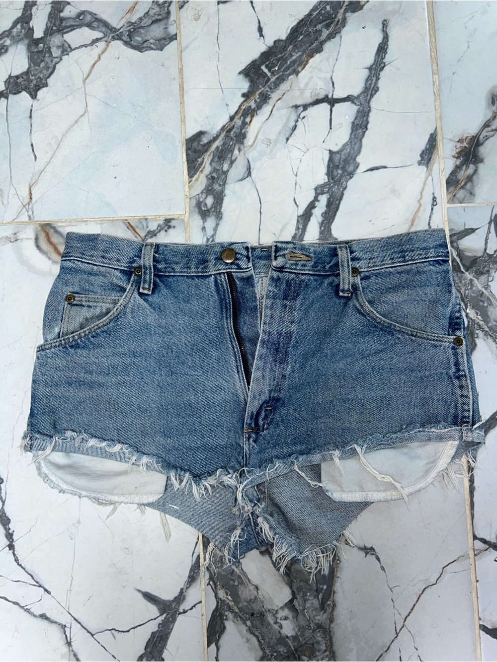Wrangler Distressed Blue Denim Cutoff Booty Shorts Size 32 Waist
